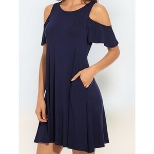 Longyuan Navy Blue Jersey Cold Shoulder Short Sleeve Pockets Casual Dress 2XL